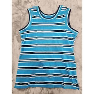 Vintage Essentials Style Top Womens M Blue Striped Pique Cotton Sleeveless Tank
